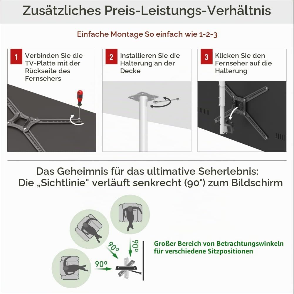 Barkan lange Weiss TV Deckenhalterung, 29 - 65 Zoll Neigbar / Vollbewegung flach &amp; curved Fernseher