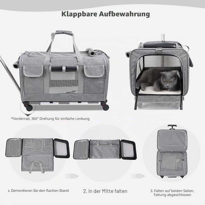 PETCUTE Transporttasche für Katze mit Rollen,Atmungsaktiv Katzen Transporttasche für 2 Katzen,Faltba