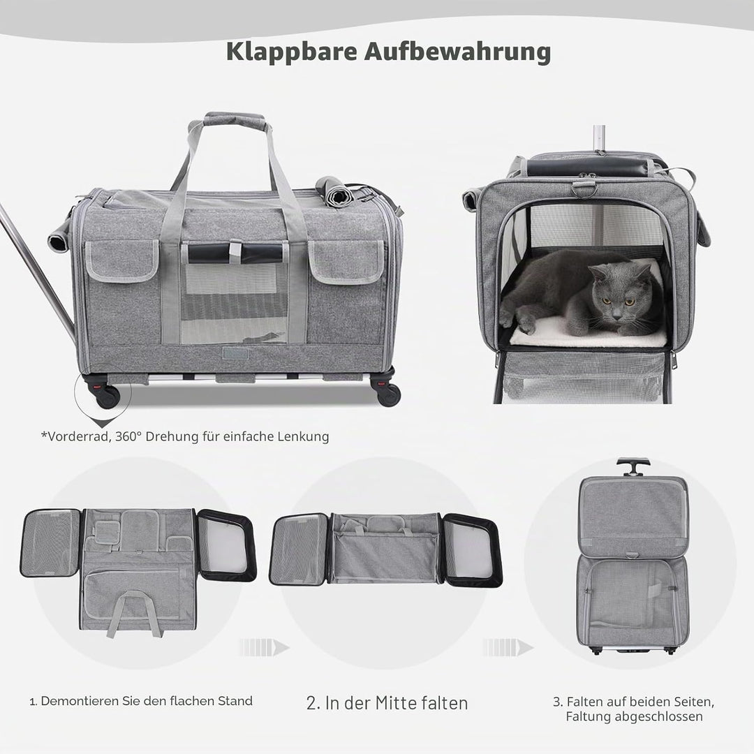 PETCUTE Transporttasche für Katze mit Rollen,Atmungsaktiv Katzen Transporttasche für 2 Katzen,Faltba