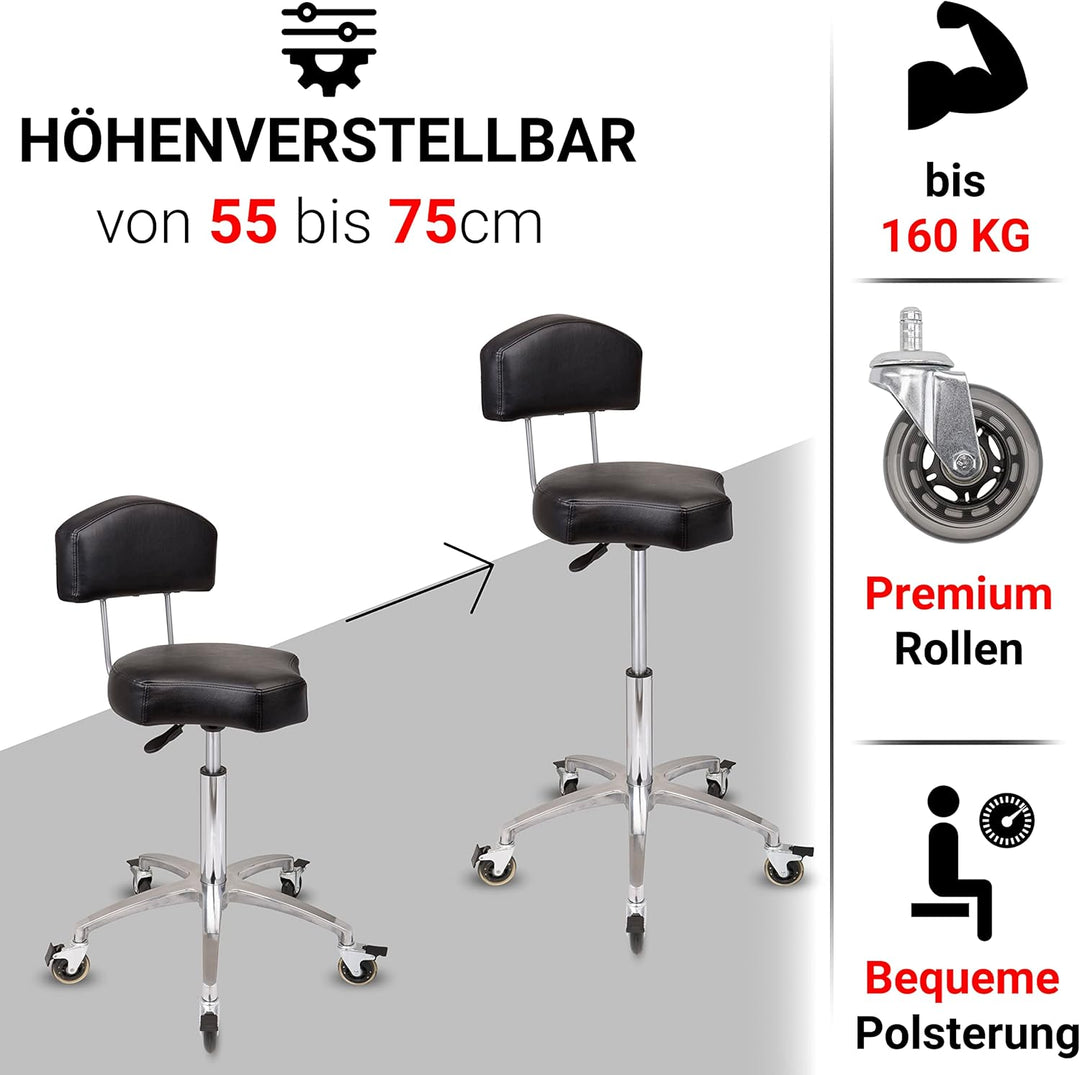 Rollhocker bis 160 kg - Ergonomisch geformter Sitz mit Bremse und Lehne - Drehhocker (Premium Rollen