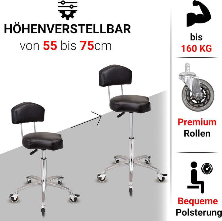 Rollhocker bis 160 kg - Ergonomisch geformter Sitz mit Bremse und Lehne - Drehhocker (Premium Rollen