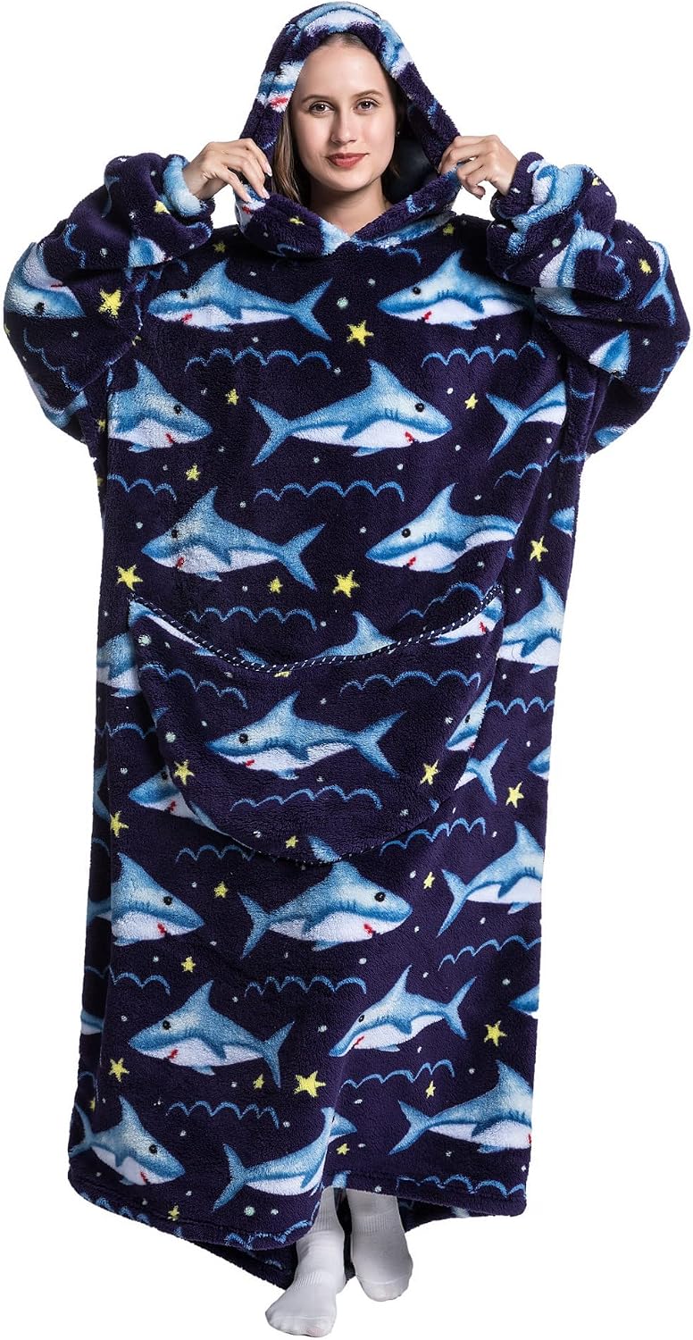 Hoodie Decke Extra Lang mit Kapuze und Tasche für Damen Herren Hai 2, Hai 2