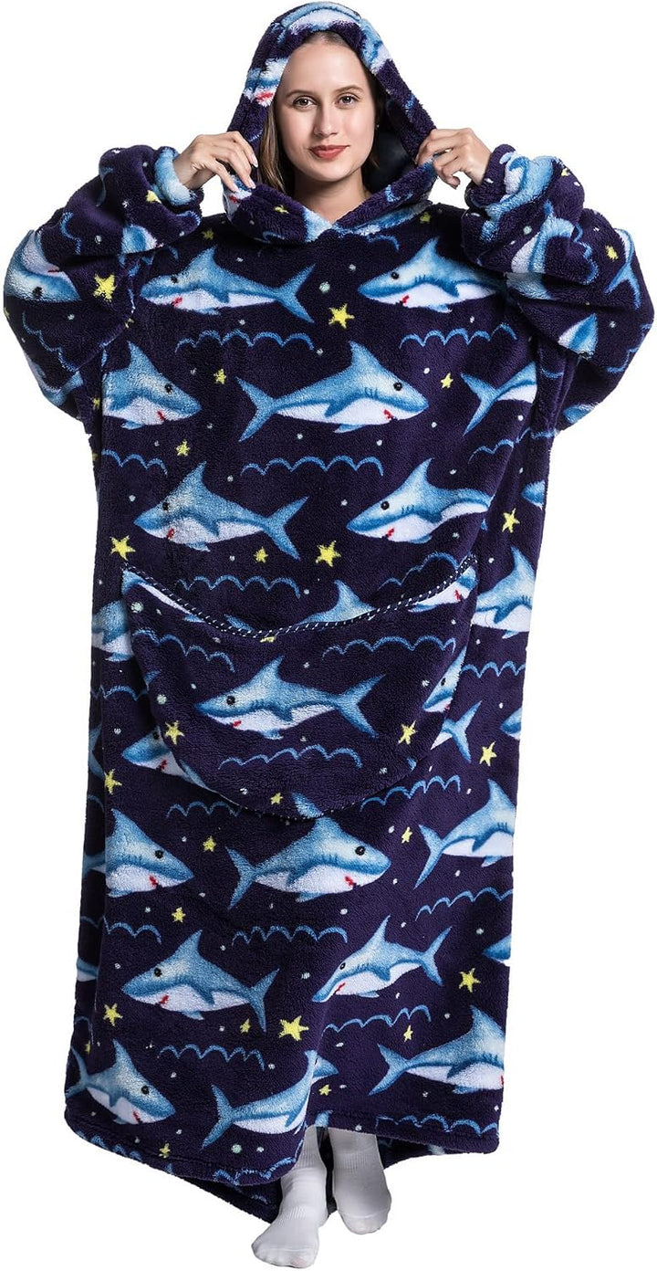 Hoodie Decke Extra Lang mit Kapuze und Tasche für Damen Herren Hai 2, Hai 2