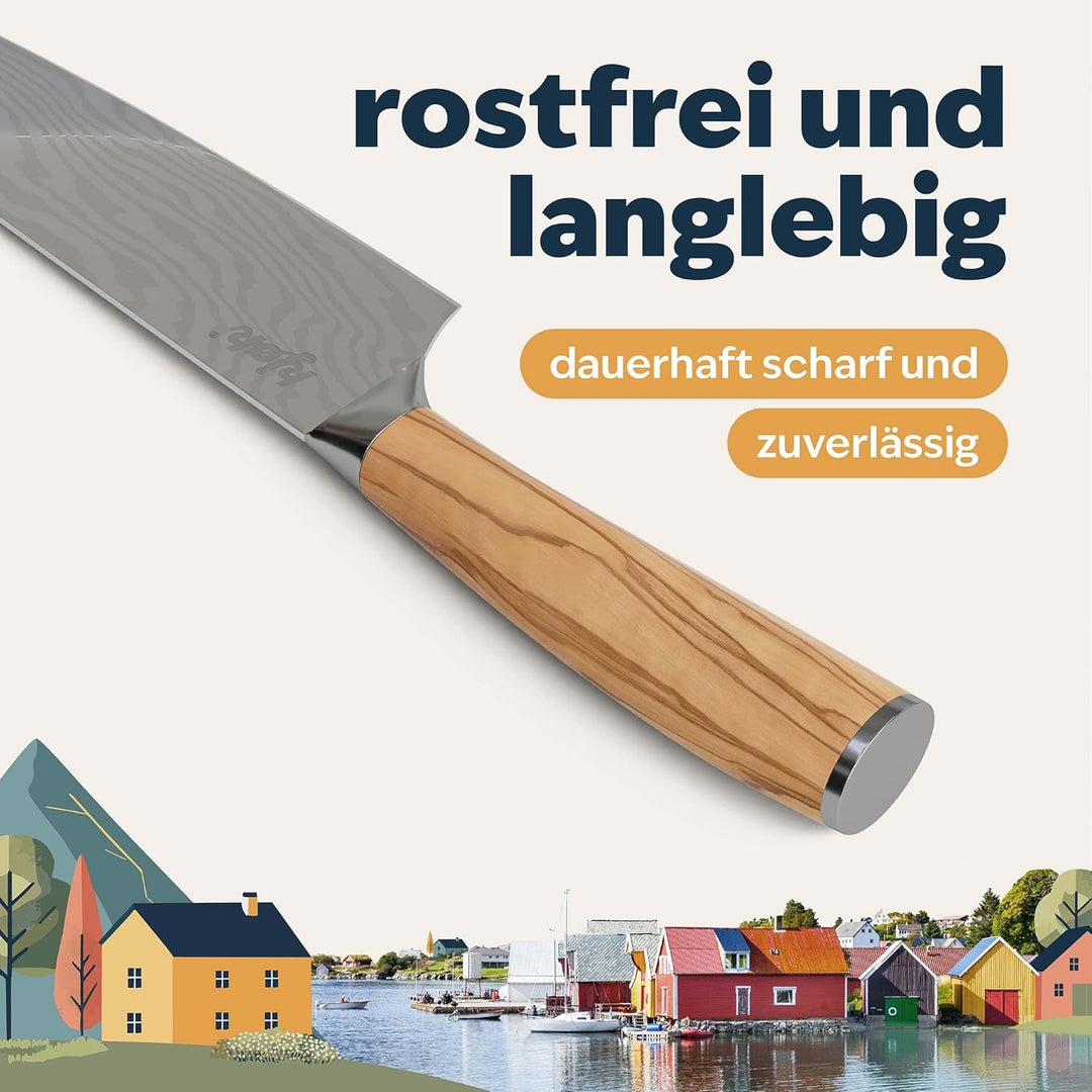 kjøk Premium Kochmesser Härte 58±2 HRC Chefmesser Klingenlänge 20 cm ergonomischer Olivenholz Griff