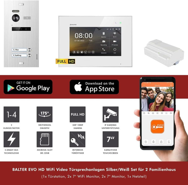 Balter EVO HD Silber/Weiss WiFi Video Türsprechanlage Set für 2 Familienhaus (1x Türstation mit Full