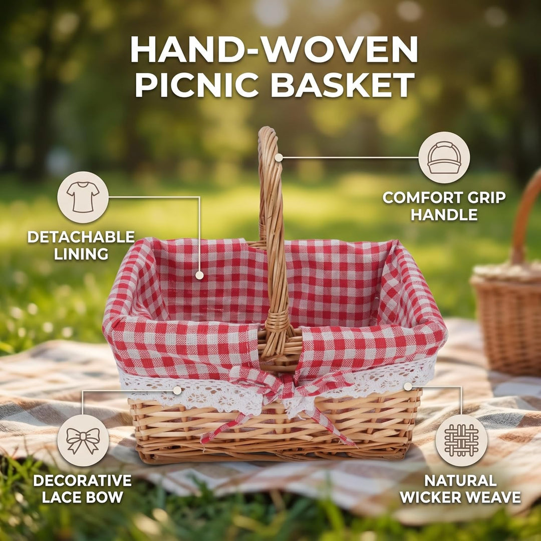 Cocoarm Picknickkorb aus Korbgeflecht, Handgewebt, Vintage-Stil, Abnehmbares Innenfutter, Rot karier