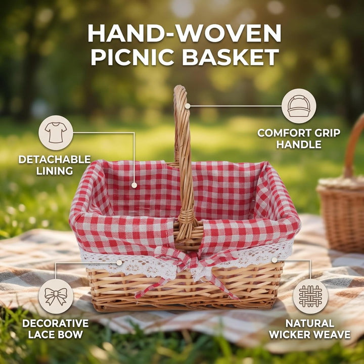 Cocoarm Picknickkorb aus Korbgeflecht, Handgewebt, Vintage-Stil, Abnehmbares Innenfutter, Rot karier
