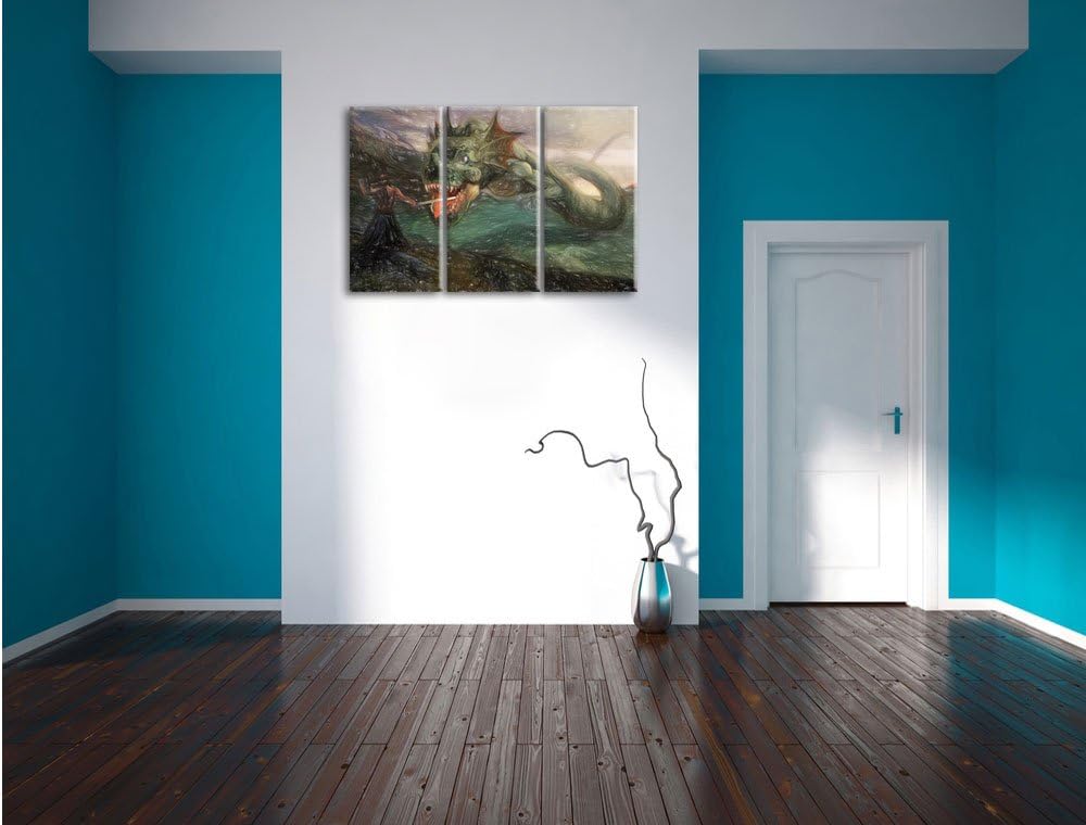 Pixxprint Drache kämpft gegen Krieger / 3-Teilig/Gesamtmass 120cm Leinwandbild bespannt auf Holzrahm