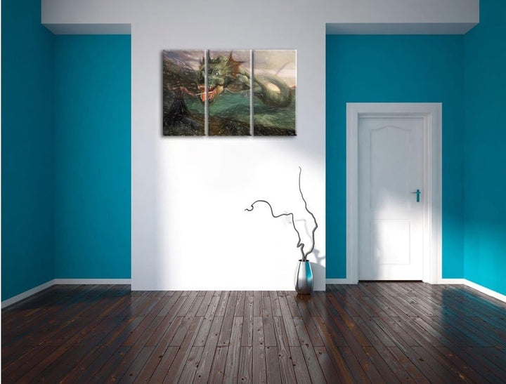Pixxprint Drache kämpft gegen Krieger / 3-Teilig/Gesamtmass 120cm Leinwandbild bespannt auf Holzrahm