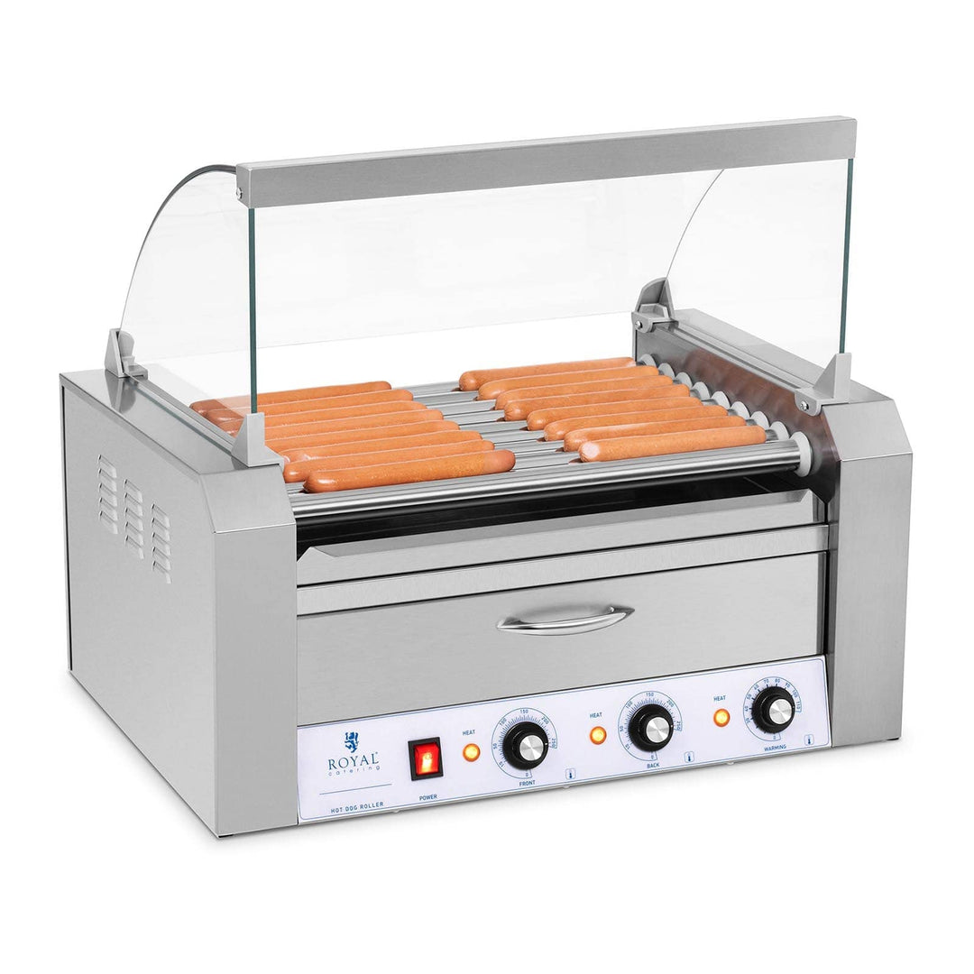 Royal Catering - Hot Dog Grill Hot Dog Maschine (9 Rollen, Edelstahl, 2.200 W, 2 Heizzonen, herausne
