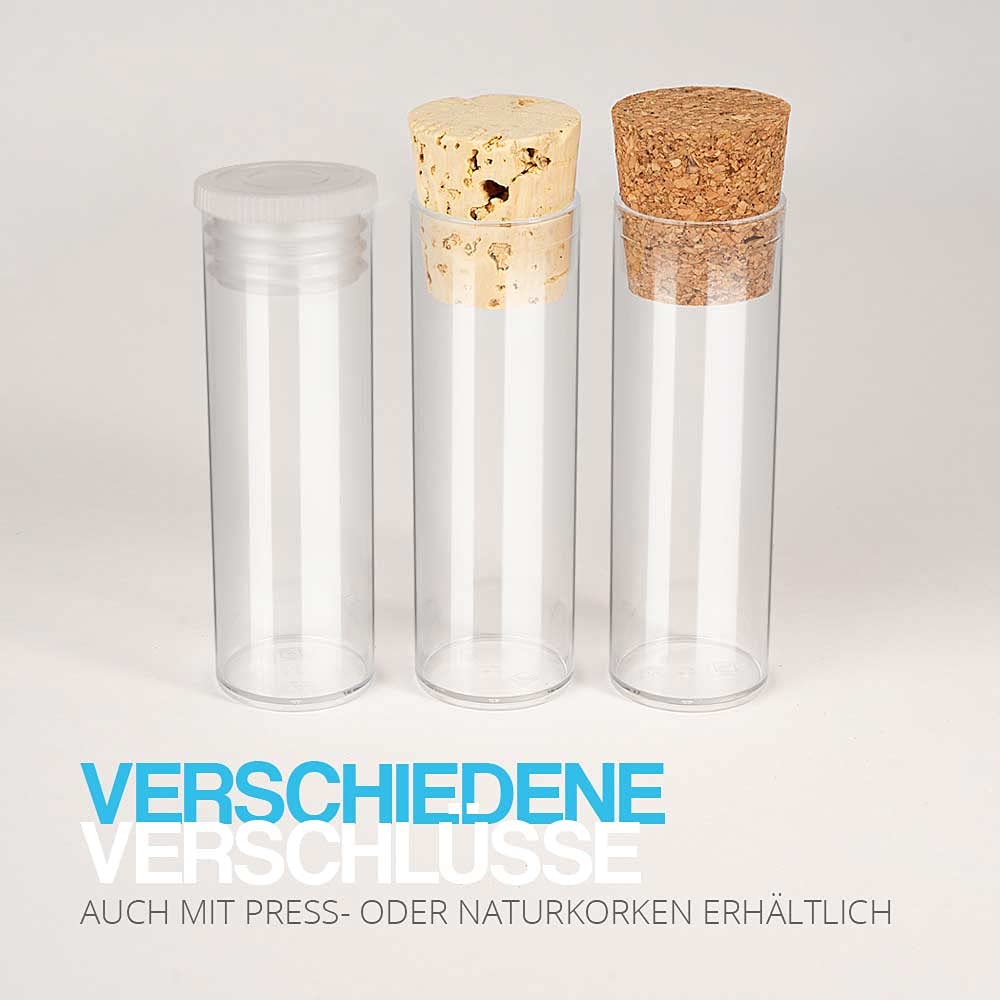 Tuuters 100x Kunststoff Reagenzgläser mit Korken, Kunststoffröhrchen, zylinderförmig, 23ml (75 x Ø23