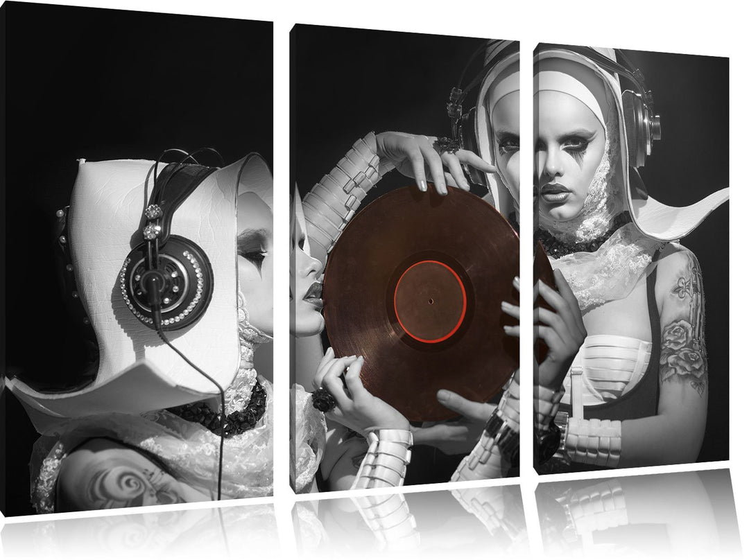 Pixxprint Mysteriöse DJ Frauen Schwarz/Weiss 3-Teiler Leinwandbild 120x80 Bild auf Leinwand