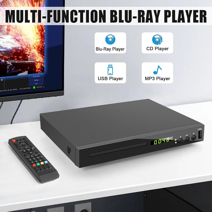 Blu-ray Player für TV, Kompakt Blu-ray-Disc-Player 1080P DVD-Player mit HDMI-Ausgang, AV-Ausgang, Ko
