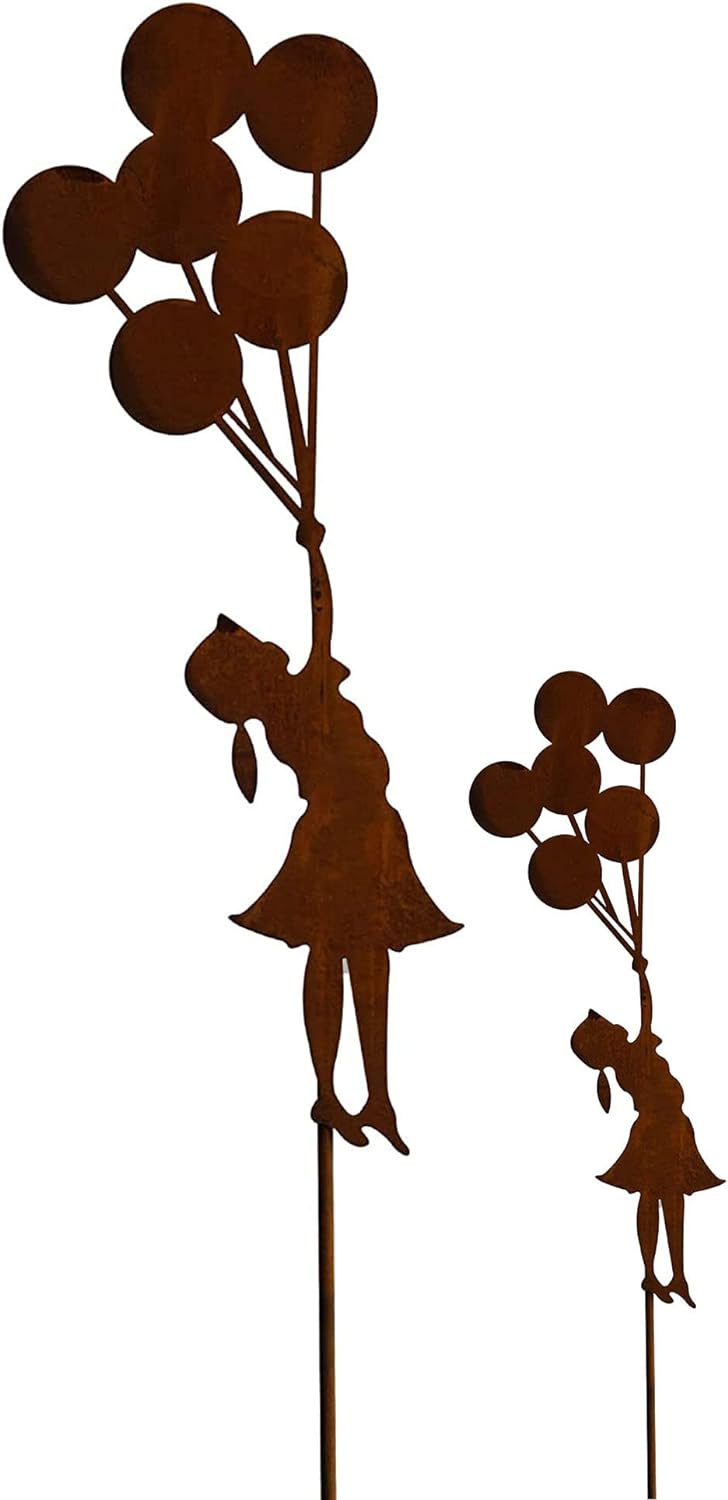Bornhöft 2er Set Gartenstecker Rost Deko Mädchen für den Garten Luftballons Metall Gartendeko Stecke