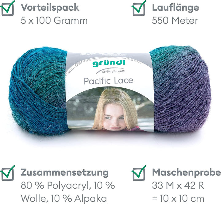 Gründl Pacific Lace (Farbverlaufsgarn mit wollartigem Charakter aus 80 % Polyacryl, 10 % Wolle, 10 %