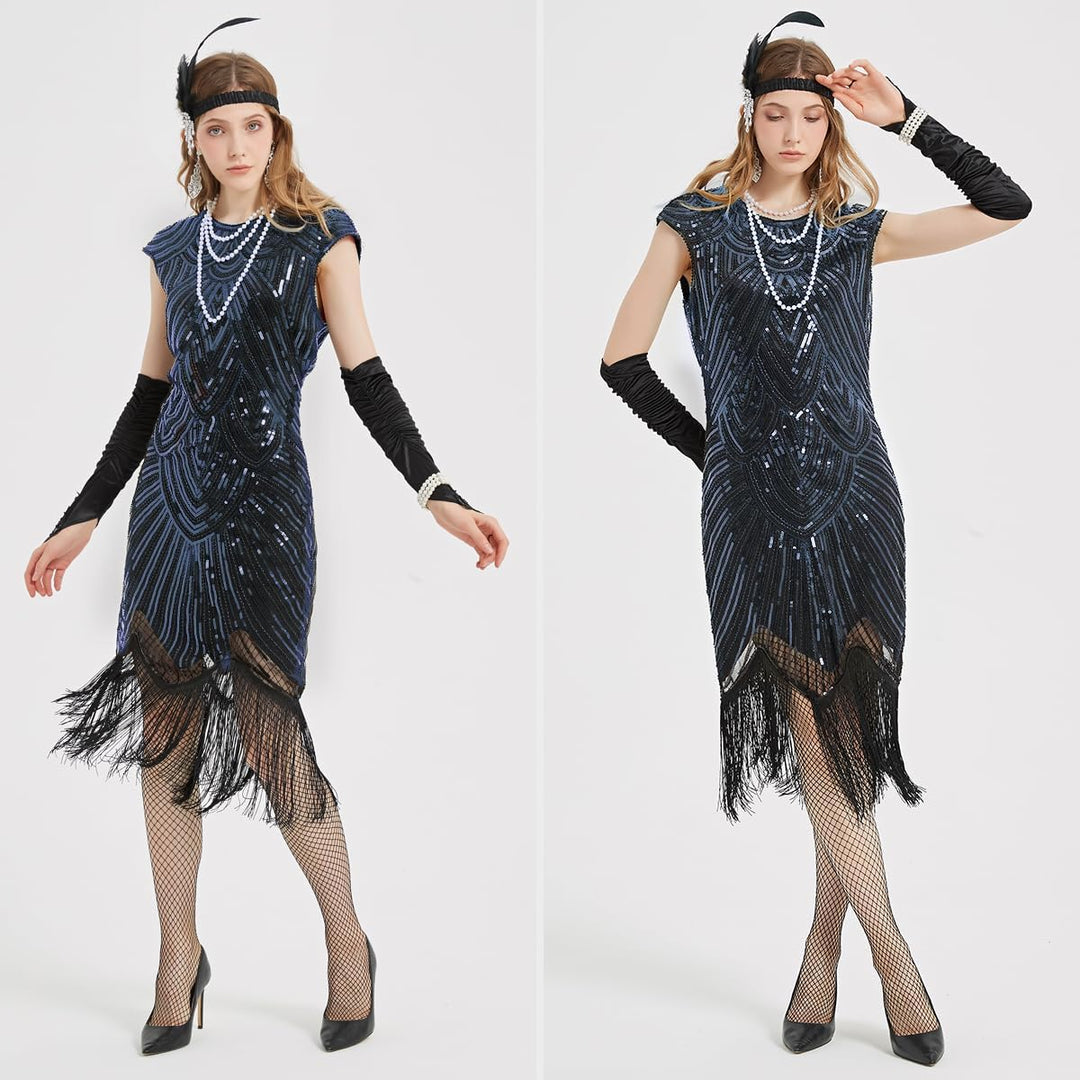 WILDPARTY 20er Jahre Kostüm Damen Charleston Kleid, Flapper Kleid mit Pailletten Perlen Fransen Netz