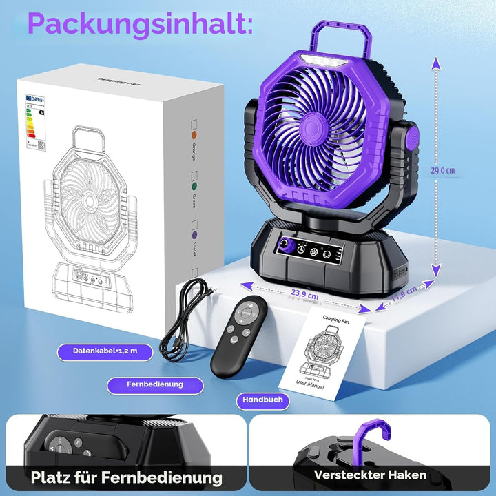 AJVV Camping Ventilator mit akku 20000mAh, Akku Ventilator mit Fernbedienung/LED Licht/270° Drehung,