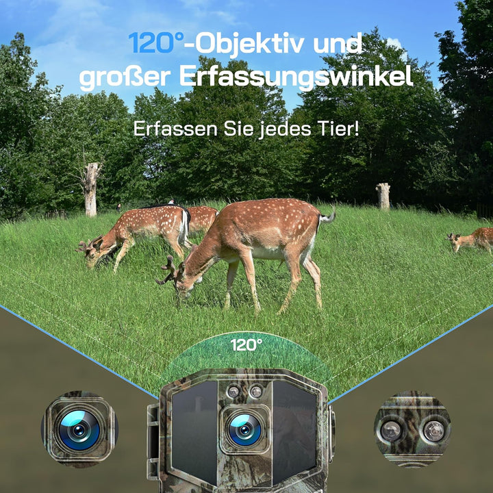 WOLFANG Wildkamera 4K HD, 64MP Full HD WLAN Wildtierkamera mit App, Jagdkamera mit Nachtsicht, Beweg