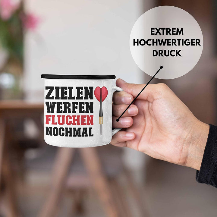 Trendation - Dart Emaille Tasse Dartpfeil Zielen Werfen Fluchen Nochmal Spruch Männer Dart-Spieler G