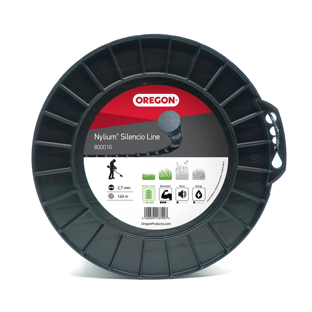 Oregon Nylium Silencio Mähfaden, Ersatz-Rundschnur für Akku-Rasentrimmer, 2,7 mm, 140 m lange Spule