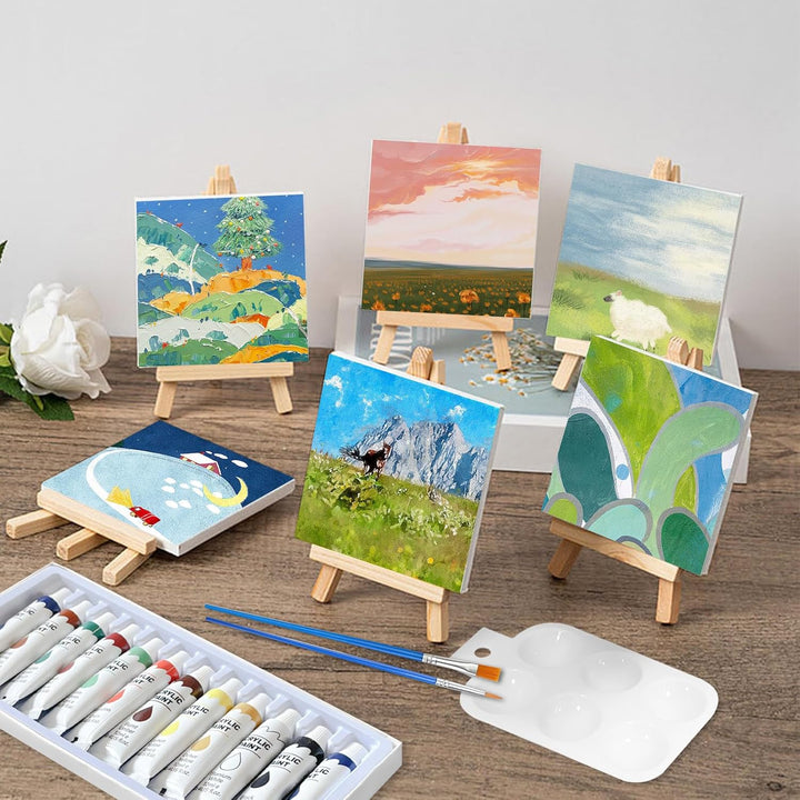 47 Stück Mini Leinwand mit Staffelei, Tischstaffelei Set, Leinwand 10x10cm mit 12 Farbige Acrylfarbe