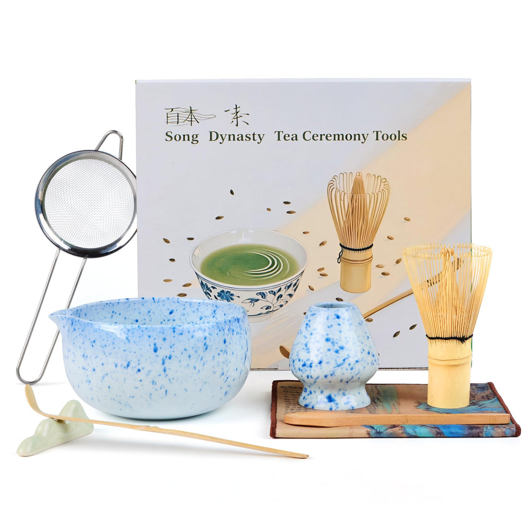 Premium Matcha Tea Set 8- piece Matcha Broom Set with Whisk, Broom Holder, Ceramic Bowl, 2 Teaspoons