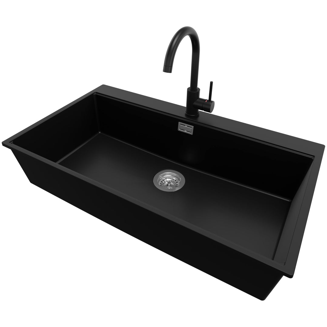 PRIMAGRAN Granitspüle Schwarz 88x50cm, Spülbecken 1 Becken + Ablauf-Set + Küchenarmatur 32x20cm, Küc