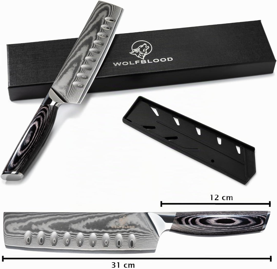 Wolfblood PRO Damastmesser Nakirimesser XL (31cm) TÜV geprüfter 62 HRC Damaststahl aus 67 Lagen I Da