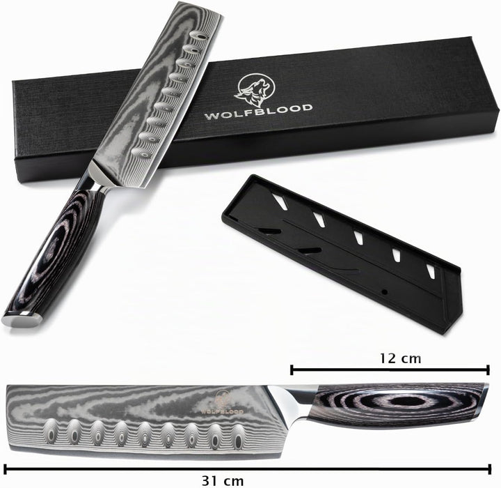 Wolfblood PRO Damastmesser Nakirimesser XL (31cm) TÜV geprüfter 62 HRC Damaststahl aus 67 Lagen I Da