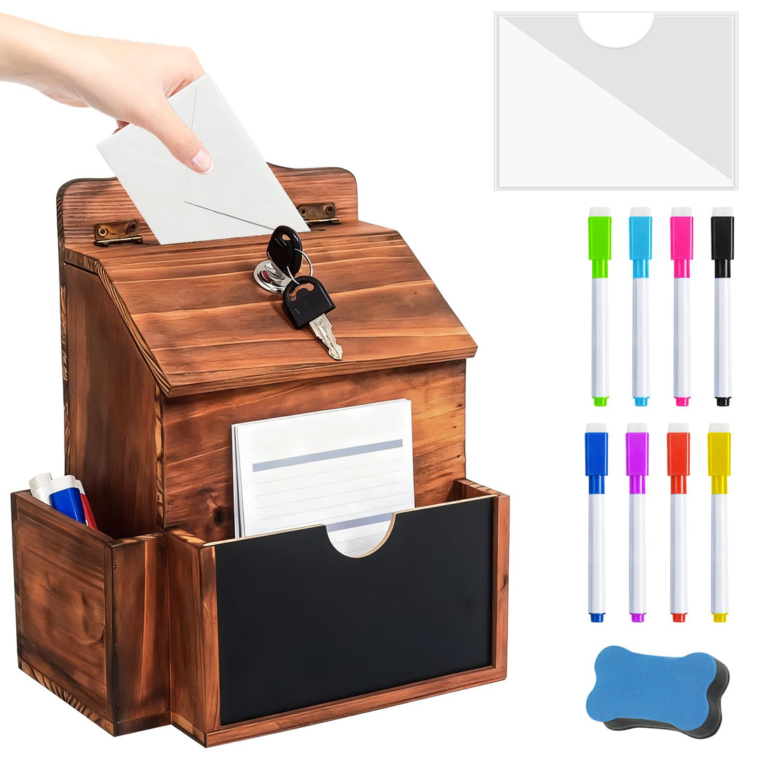 Holz Vorschlagsbox, 20.3 * 15 * 27cm Spendenbox Abschliessbar m it 8-Farben-Tafelstift und nichtmagn