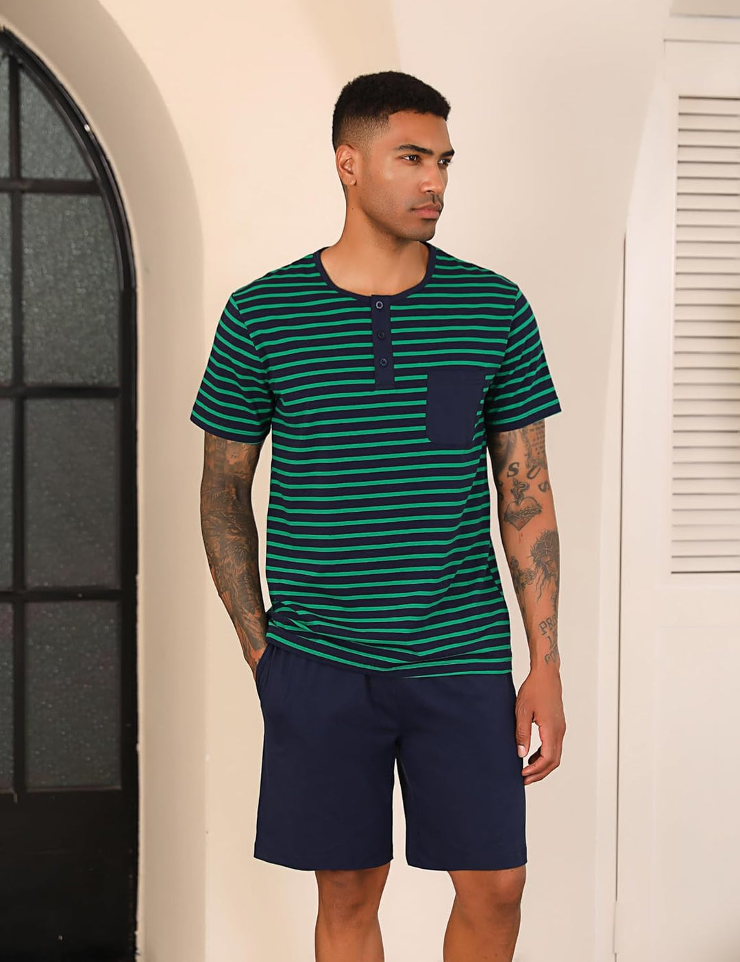 Schlafanzug Herren Kurz aus Baumwolle mit Kontraststreifen Design, Sommer Pyjama Set Oberteile und K