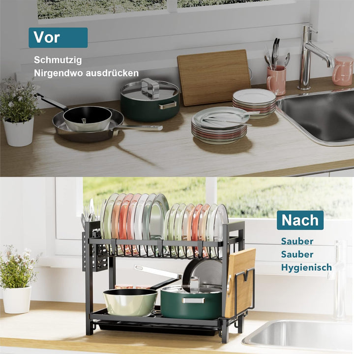 Abtropfgestell Geschirr Schwarz (43.5*24.5*34.5), 2-stufiges Geschirrabtropfgestell Edelstahl, Gesch