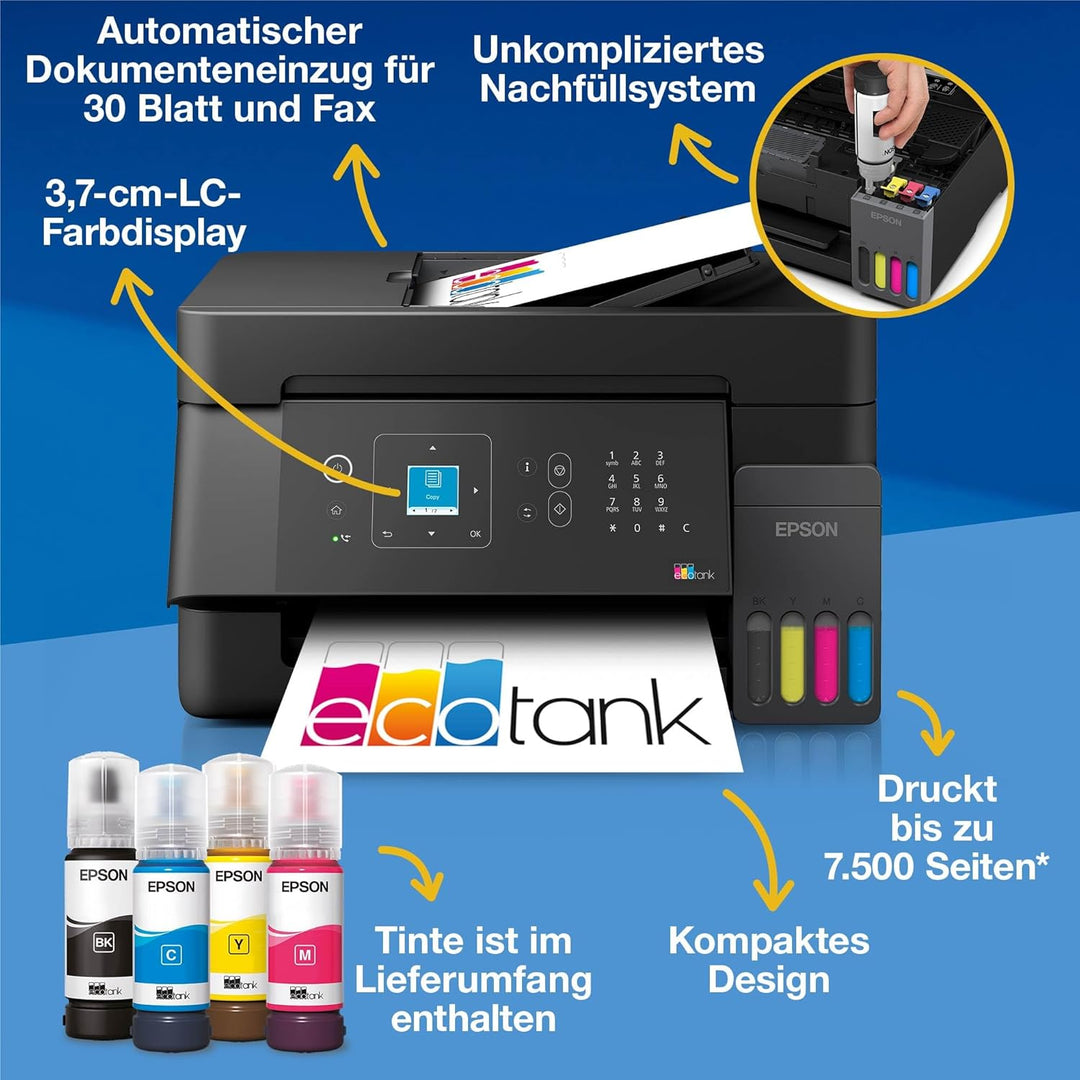 Epson EcoTank ET-4900 | Wi-Fi und Ethernet | A4 | Drucken, Kopieren, Scannen, Faxen | LC-Display | A
