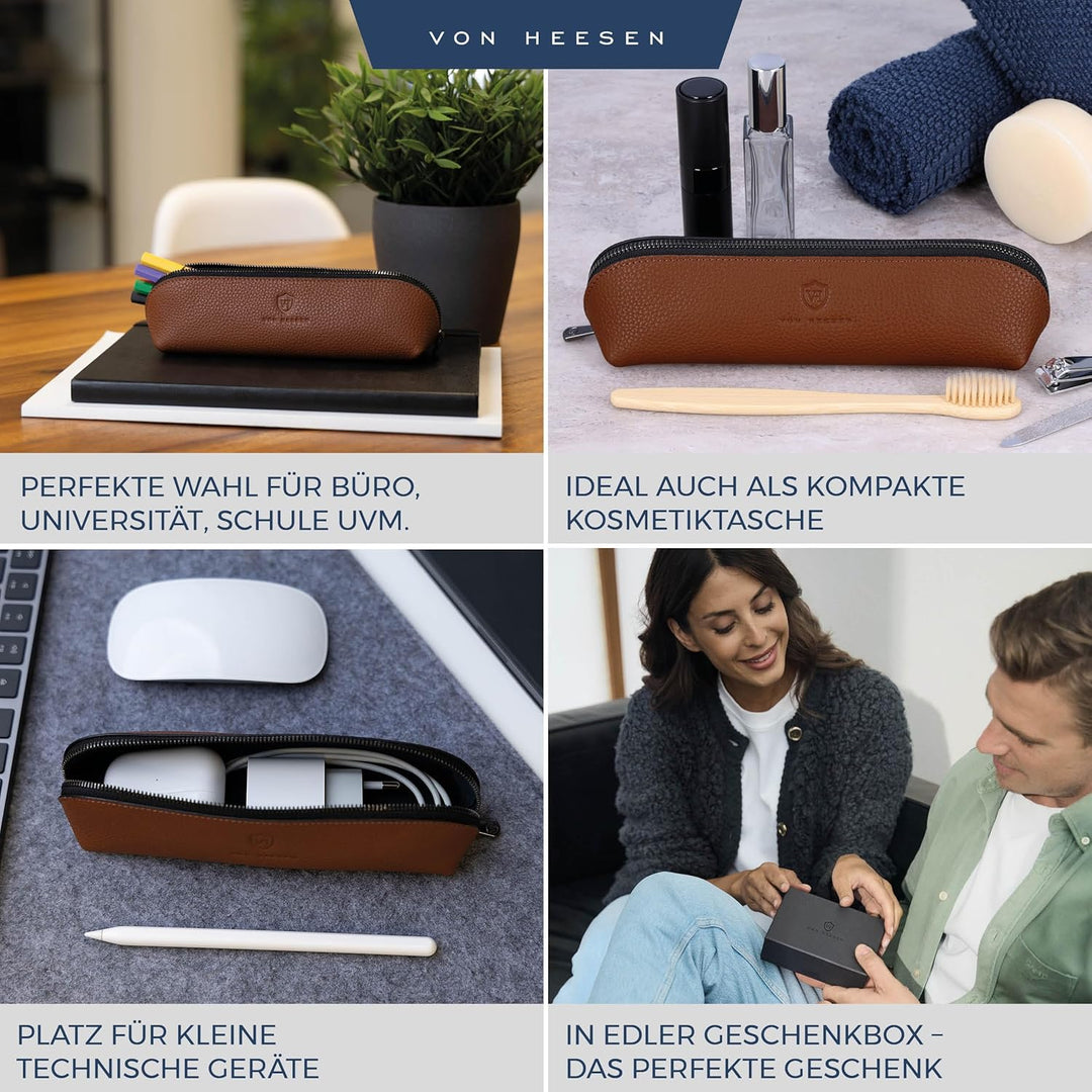 VON HEESEN® Echtleder Federmäppchen Leder Federmappe Etui für Stifte Mäppchen Schule Federtasche Uni