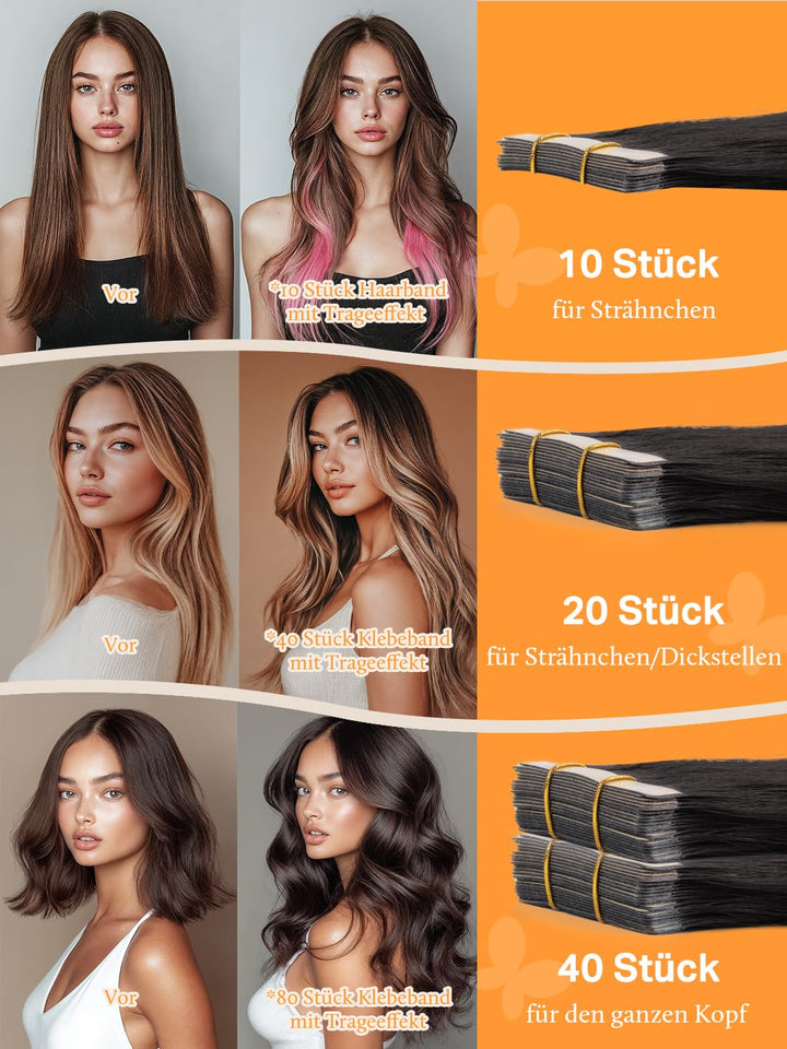 DOORES Extensions Echthaar Tape in, Tief Schwarz 35cm (14zoll) 50g 20pcs, Remy Haarextension Tape in