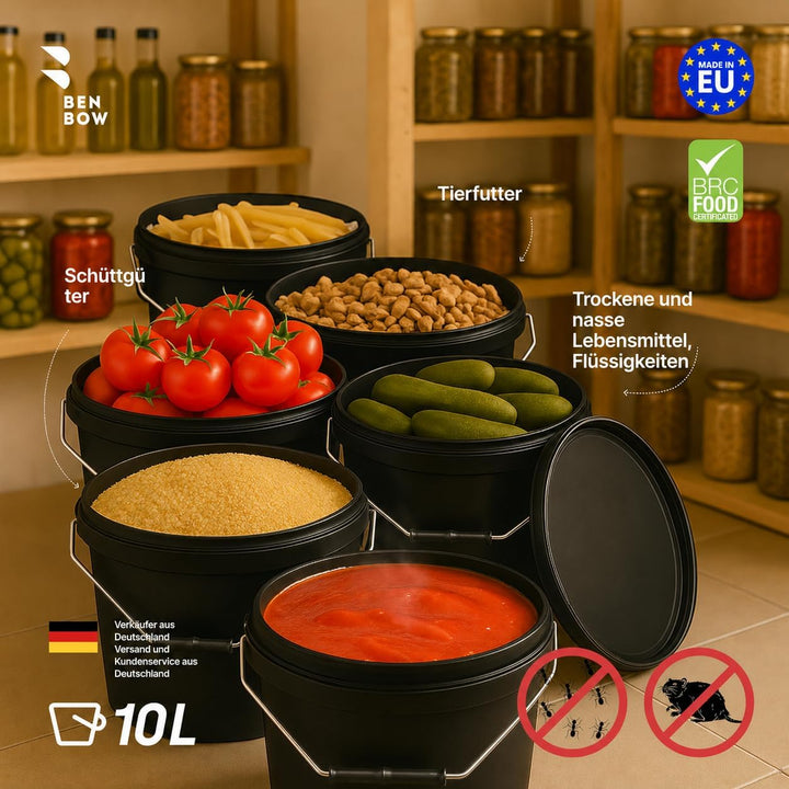 BenBow Eimer mit Deckel 10l schwarz 5X 10 Liter - lebensmittelecht, stabil, luftdicht, auslaufsicher