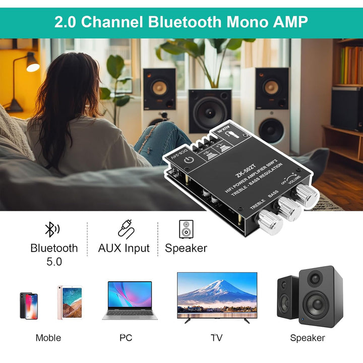 ZK-502T Bluetooth 5.0 Verstärker Hifi Stereo 2x50W, Verstärker mit Bluetooth für Lautsprecher, AUX B