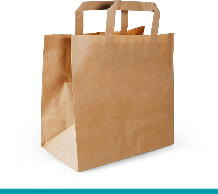250 Stück Commerline Papiertüten Braun 26+17x25 cm | Kraftpapier Tüten Klein Mit Henkel | Tragetasch