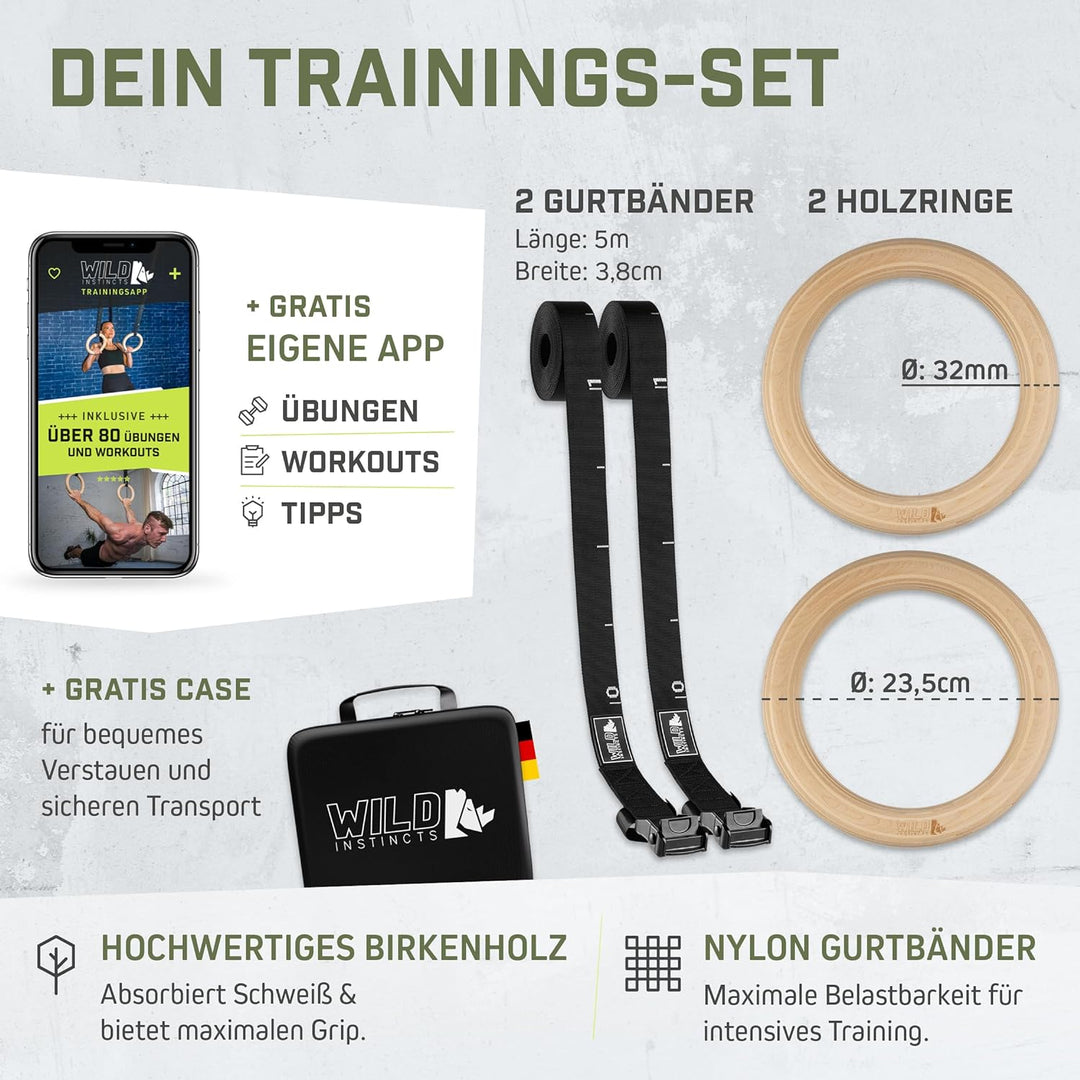 Wild Instincts® Premium Turnringe aus Holz 28mm / 32mm mit WebApp | Fitness-Ringe, Gymnastikringe, T