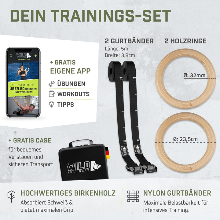 Wild Instincts® Premium Turnringe aus Holz 28mm / 32mm mit WebApp | Fitness-Ringe, Gymnastikringe, T