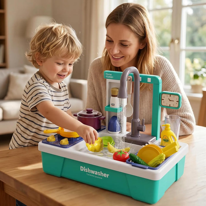 Kinder Küchenspüle Spielzeug Set mit Wasserkreislauf &amp; Fliessendem Wasser, Geschirrspüler, Spülbecke