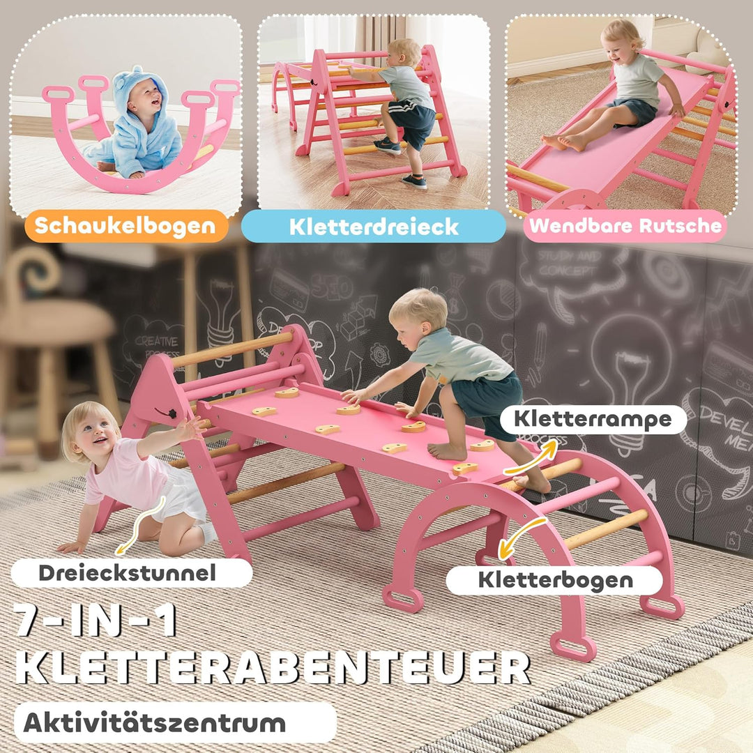 AIYAPLAY 7-in-1 Montessori Klettergerüst Indoor, faltbar Holz Kletterdreieck mit Rutsche, Bogen, Ind