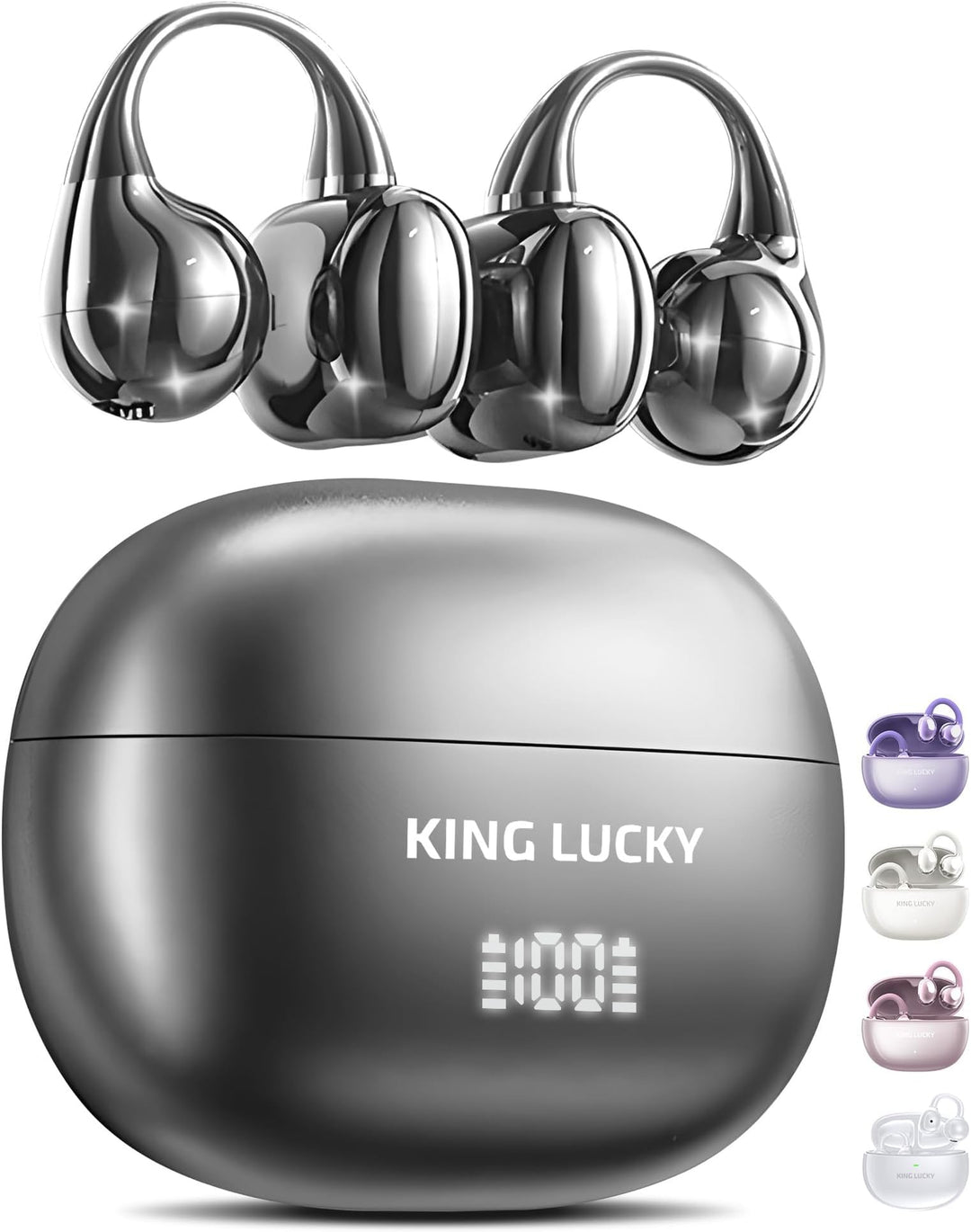 King Lucky Open-Ear-Kopfhörer Kabellos Bluetooth 6.0–Clip-On-Ohrhörer mit Mikrofon,mit Akkuanzeige,5