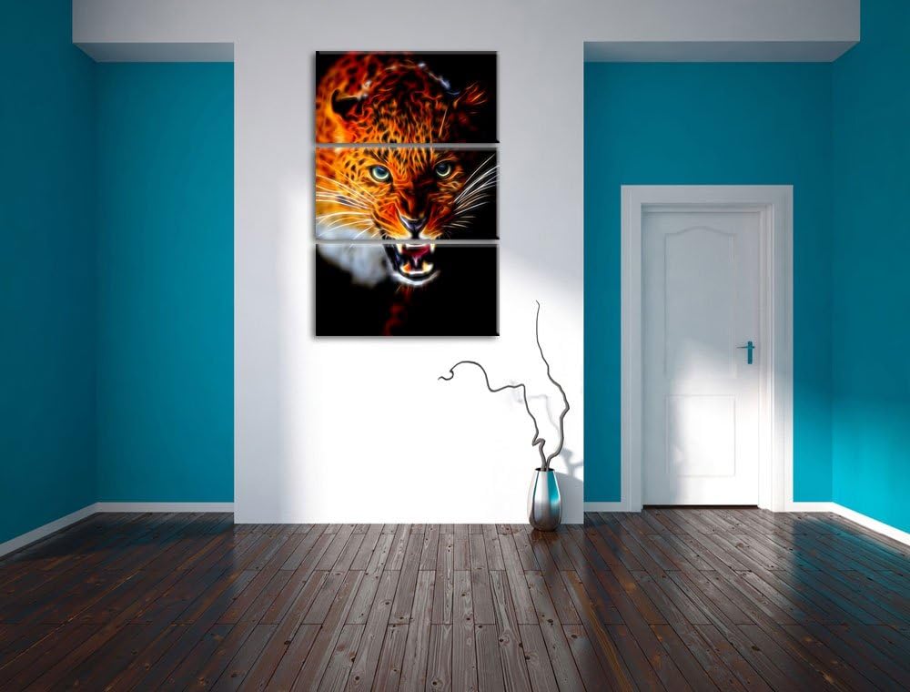 Dark Fauchender Leopard Spezial 3-Teiler Leinwandbild 120x80 Bild auf Leinwand, XXL riesige Bilder f