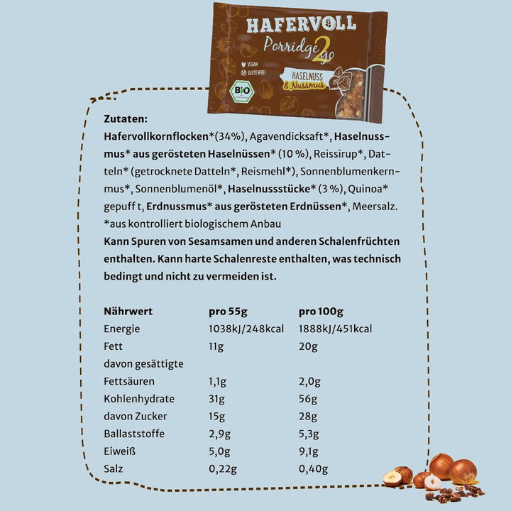 Hafervoll Porridge2go Haselnuss &amp; Nussmus, 13 x 55g Riegel - Vegan, Bio, Glutenfrei, Naschen ohne Zu