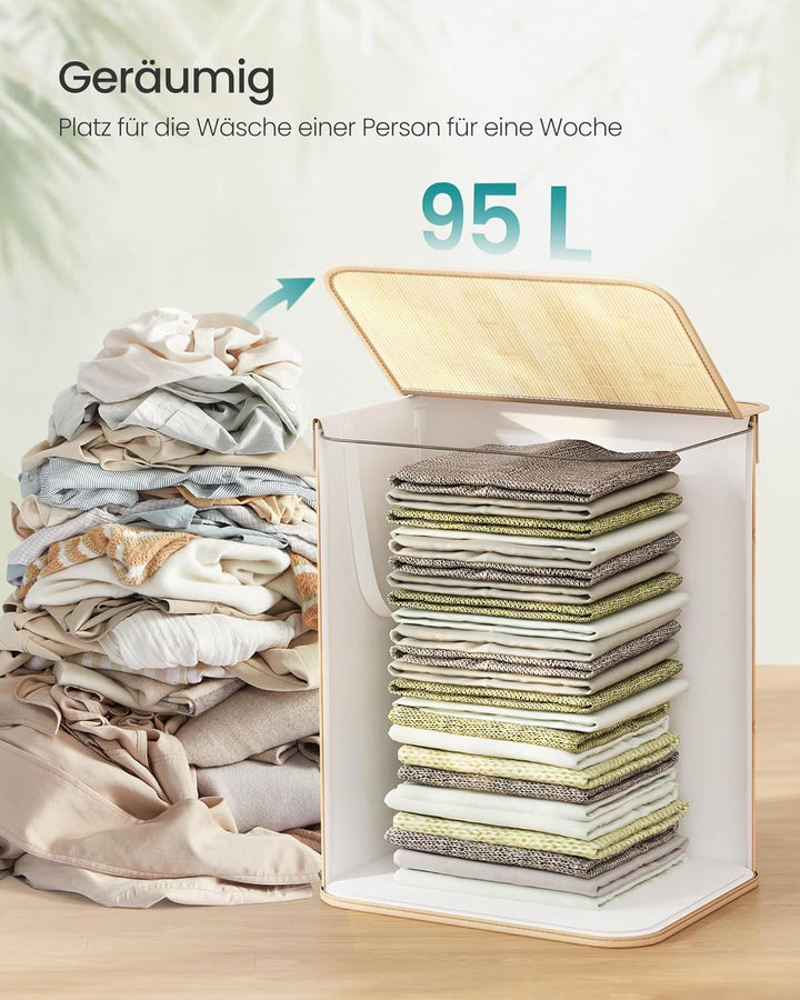SONGMICS Wäschekorb, 95 L Wäschesammler mit Deckel, Wäschebox Bambus, mit Griffen, faltbar, Wäschesa
