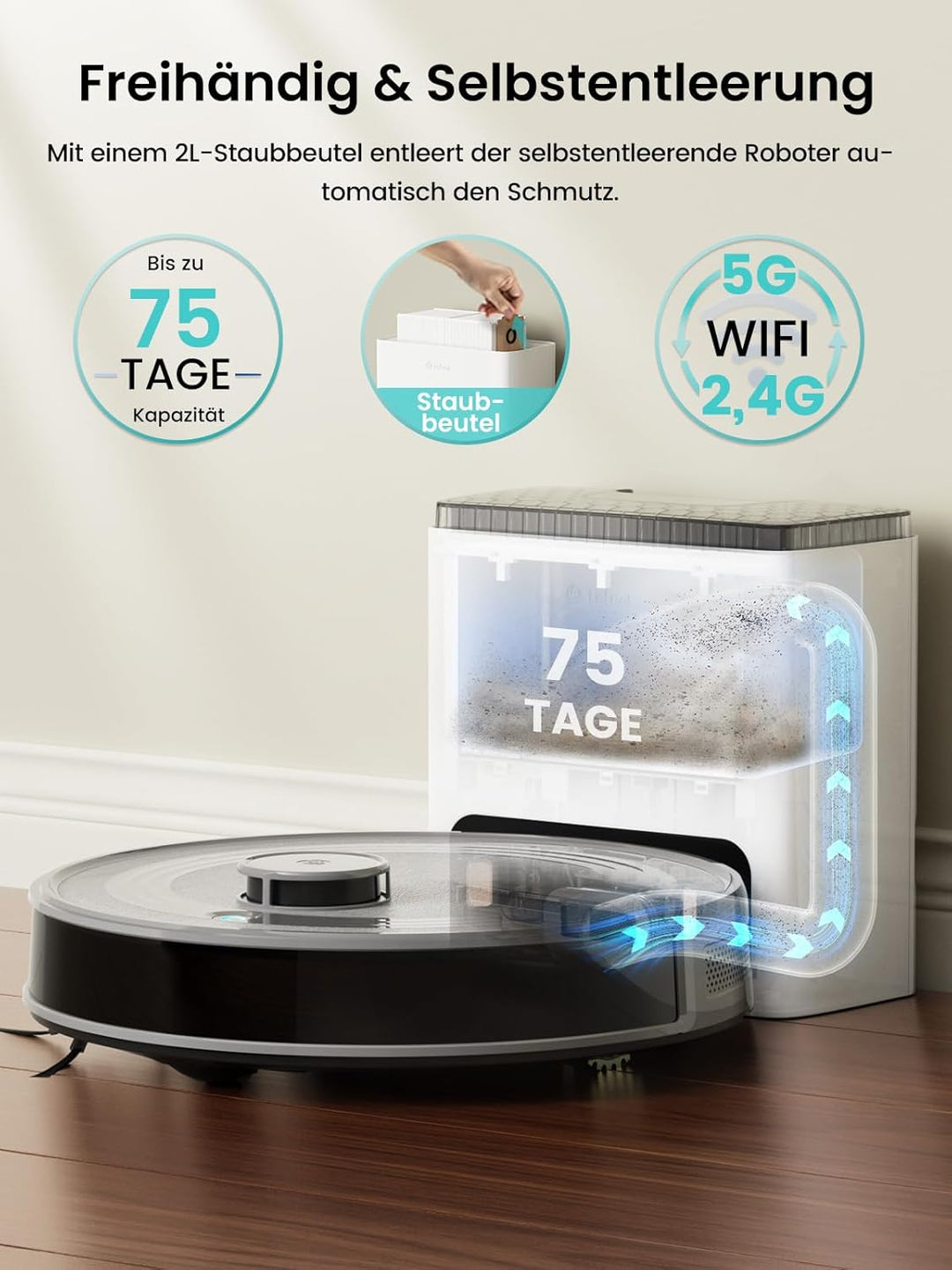 LEFANT M2S Plus Staubsauger Roboter mit Station, 10.000 Pa, automatischer Staubsauger, Vermeidung vo