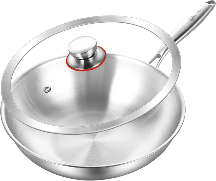 LOLYKITCH Wok 30 cm, unbeschichtete Edelstahl-Wokpfanne mit Glasdeckel | Abnehmbarer Griff | Tri-Ply
