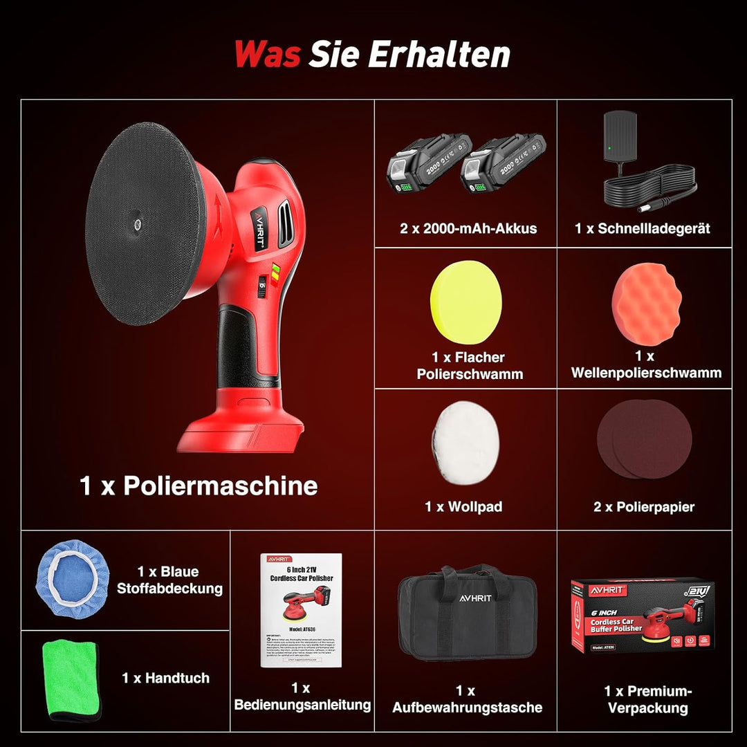 2025 Poliermaschine Auto Akku, 2x4000mAh Batterie (Bis zu 6000 U/min) Poliermaschine Auto, 6'' Autop