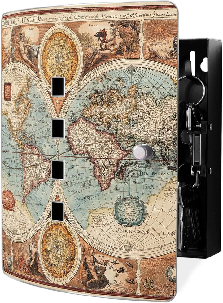 banjado® Design Schlüsselkasten aus Edelstahl Motiv Historische Weltkarte für 24x21,5x7cm Schlüssel